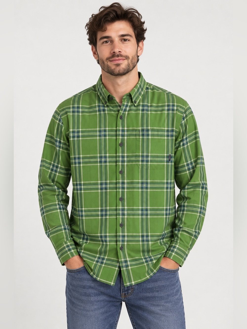 Columbia Men’s Large Green Plaid Button Down Long Sleeve Shirt Outdoor Casual -
